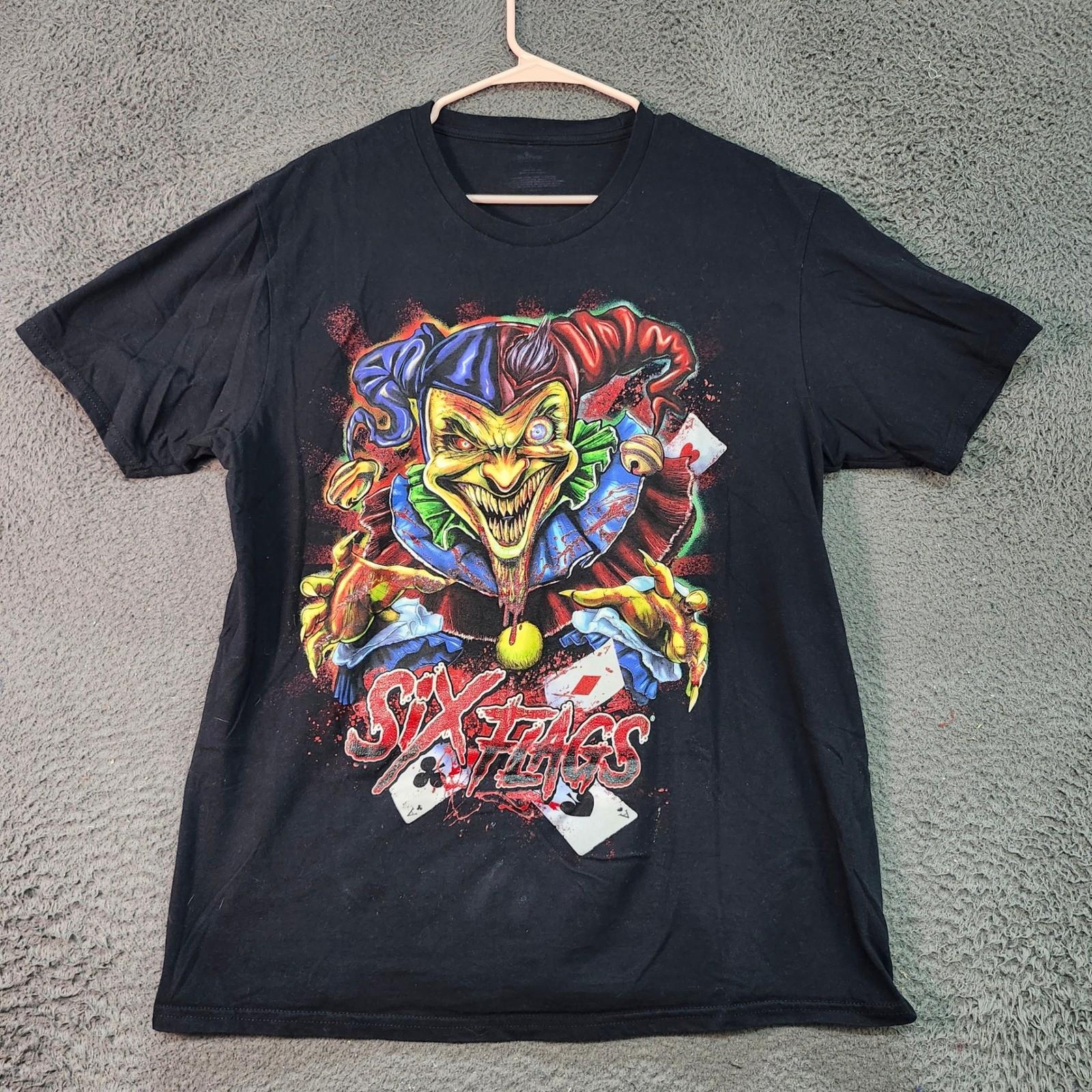 Six Flags Graphic T Shirt Jester Evil Clown Horror Black Large Unisex T-Shirt XXXL