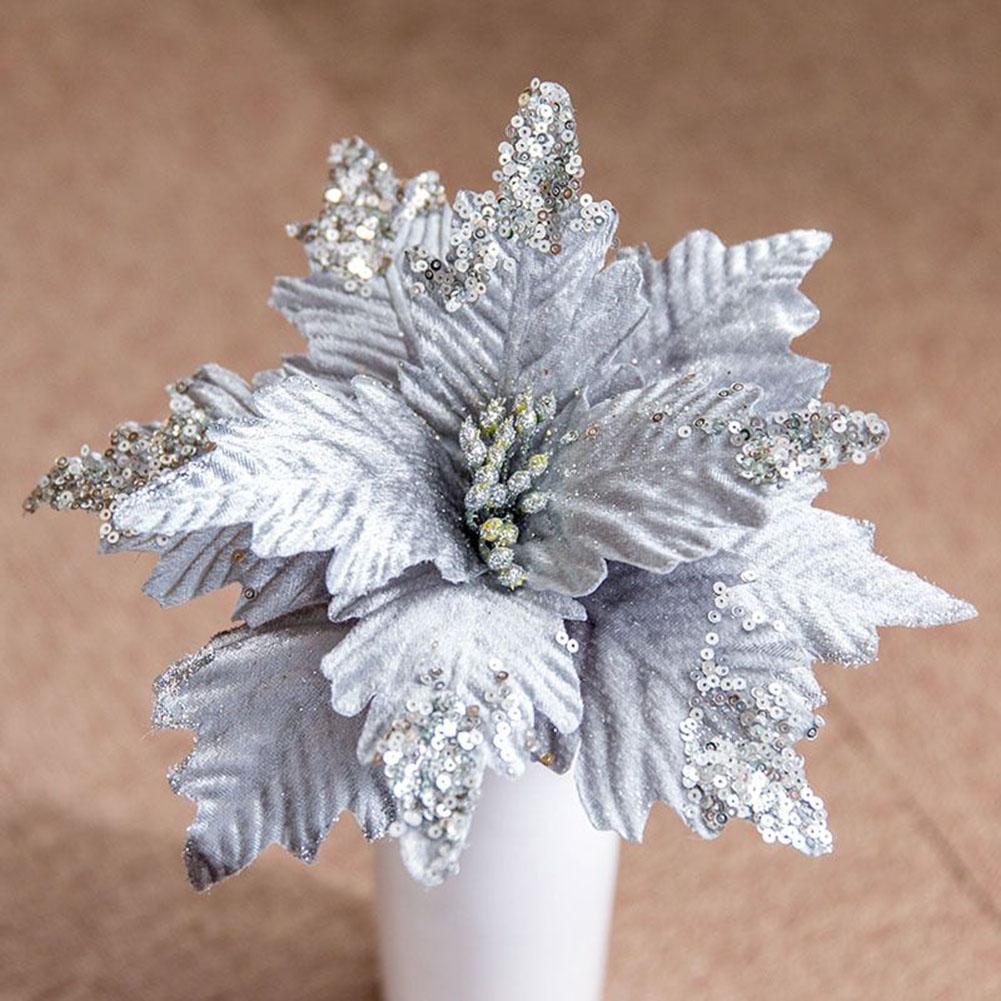Festive Poinsettia Glitter Artificial Flowers Christmas Tree Decoration