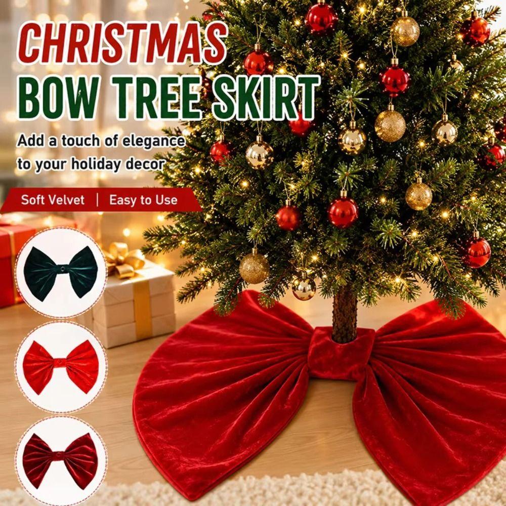 Red Bow Design Tree Base Cover Velvet Xmas Tree Skirt Large Ornament Tree Base Mat Shopping Mall