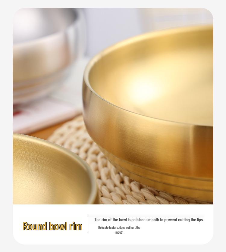 Korean Style Stainless Steel Double-Layer Gold Noodle Bowl - Large for Noodles, Rice, or Soup with Custom Logo