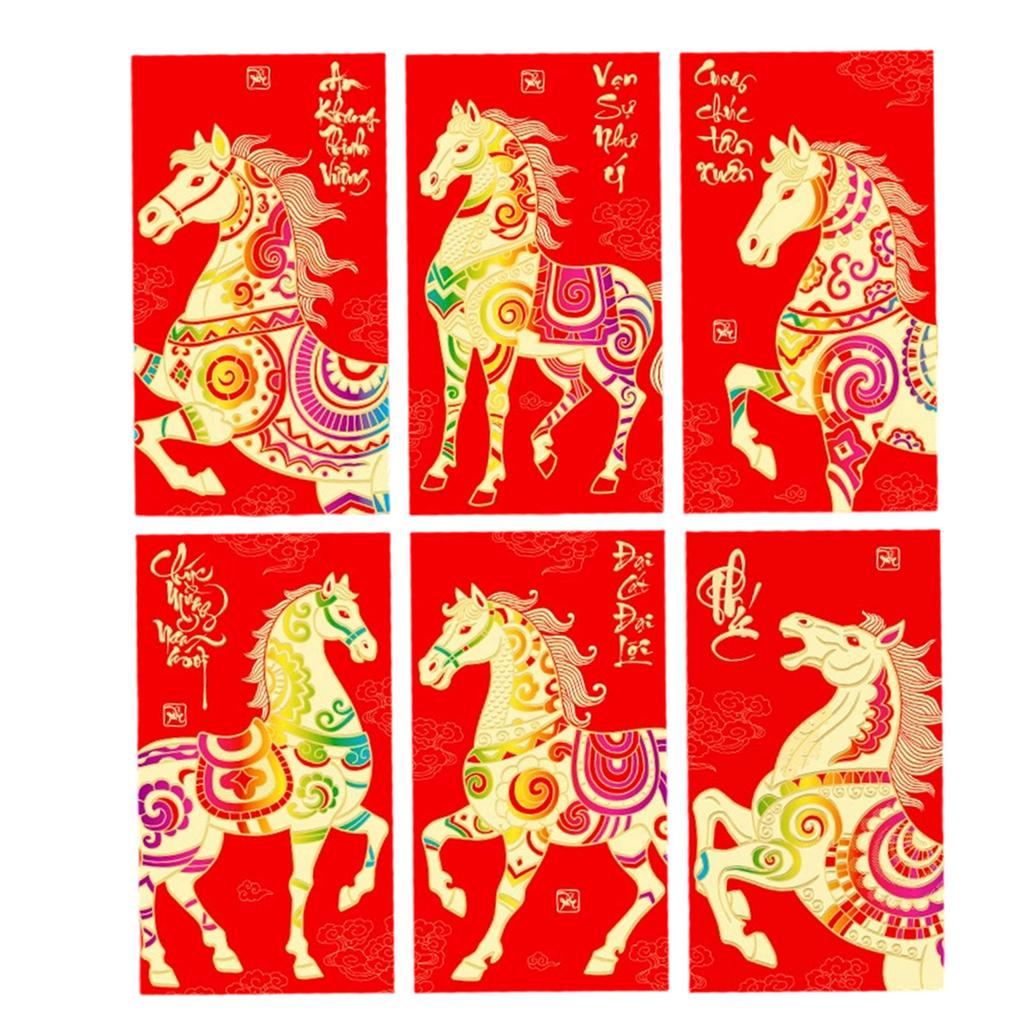 Pack of 6 Vietnamese Lunar New Year Red Envelopes With Festive Horse Design and Matte Finish for 2026 Celebrations