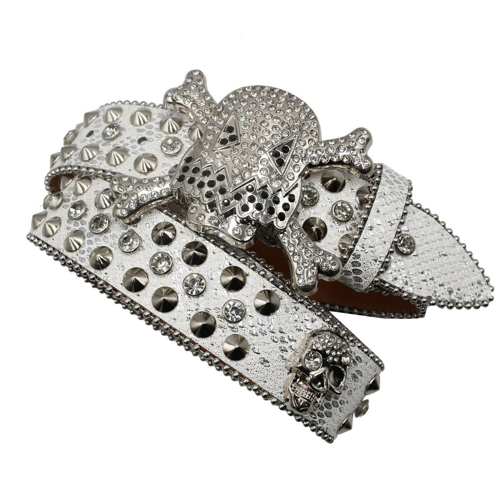 New Bat Buckle Head Rhinestone Belt European and American BB Belt Design Skull Belt