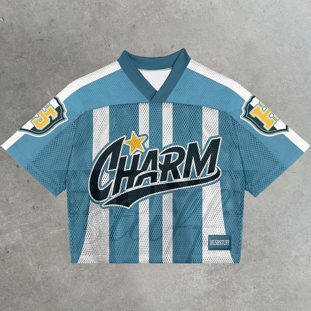 Maglietta americana Y2K, stile Harajuku, hip hop, moda, maglia da football, streetwear, vintage, casual, traspirante, con giunture, ampia, manica corta