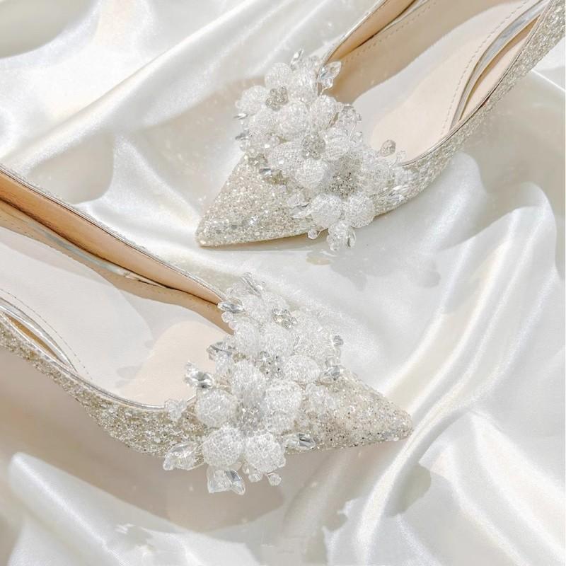Fashion Brand Design Sequin Cloth Wedding Shoes Women 2025 Summer Pointed Toe High Heel Party Dress Pumps Luxury Glitter Flower Shoes