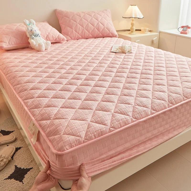 

Thicken Cotton Double Bed Sheets Elastic Fitted Sheet Quilting Bedsheet Home Bed Linen modern Mattress Cover Monochromatic 48x74cm pillowcase