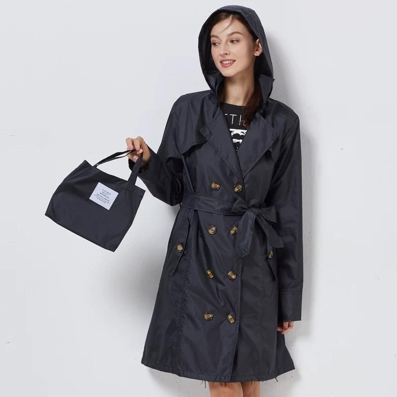 Fashion Retro Double Breasted Fitted Waist Trench Coat Raincoat Adult Women Outwear Poncho Mid Length Long Length Travel Big Belt