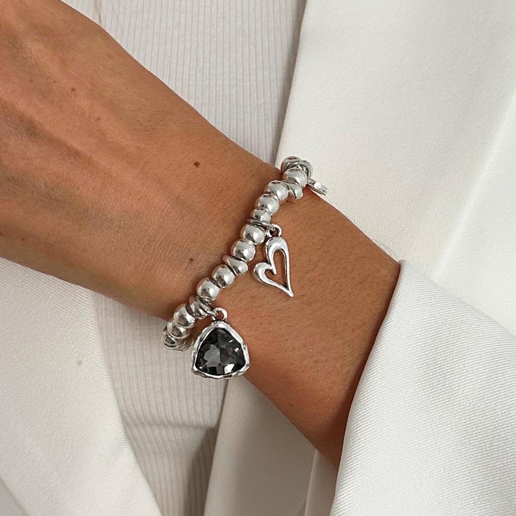 SHIXIN Vintage Acrylic Rhinestone Heart Pendant Bracelet Women Simple Silver Color Elastic Beaded Bracelet Jewelry Accessories