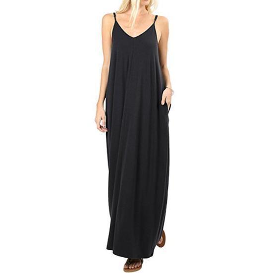 Women V-neck Sleeveless Sling Dress Solid Color Side Pockets Loose Fit Thin Maxi Dress Thin Holiday Long Dress Streetwear