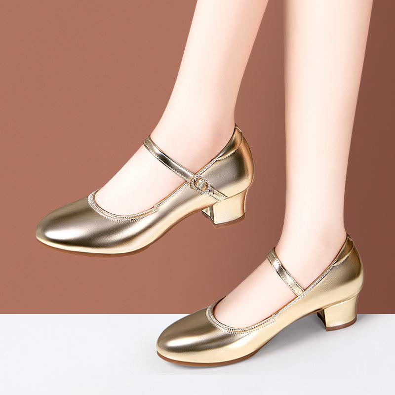 3.5cm 5.5cm Breathable Comfortable Shallow Soft Leather Shoes Mary Janes 2025 Spring Med Block Heels Shoes for Dance Office Mom