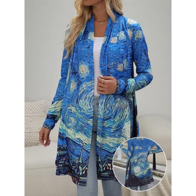 2026 Casual Open Front Cardigan Mid-Length Coat 3D Pumpkin Ghost Print