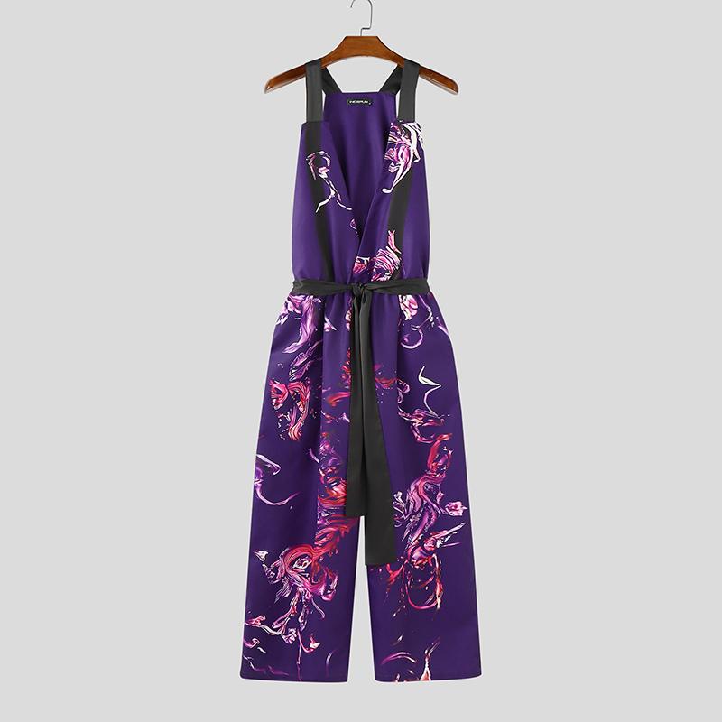 

INCERUN Мужские комбинезоны без рукавов с V-образным вырезом, на бретелях, с поясом на талии, с цветочным принтом, длинные, свободного кроя 5XL фиолетовый