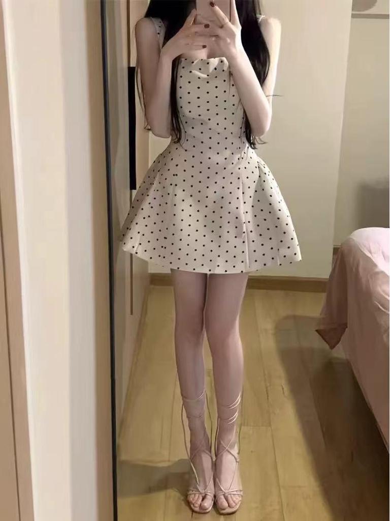 2026 Retro Polka Dot Women's Pleated Summer Vest Dress