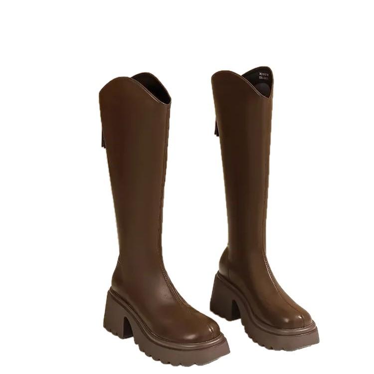 Height-increasing boots V-port new thick-soled high boots knight small boots autumn and winter velvet Maillard