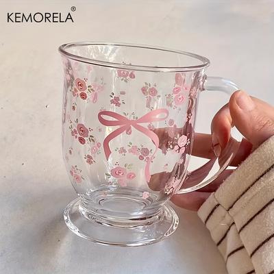 KEMORELA 1/2PCS Flower Rose Bow Pattern Glass 450ml Multifunctional U-Shaped Hand Washable Reusable Glass Suitable For Coffee