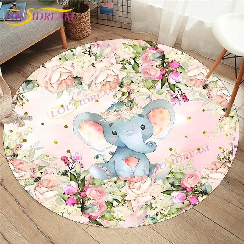 Cute Fox Elephant Printed Round Carpets Fashion Home Cartoon Round Floor Mat Children Rug for Room Baby Play Mat Room Round Rugs