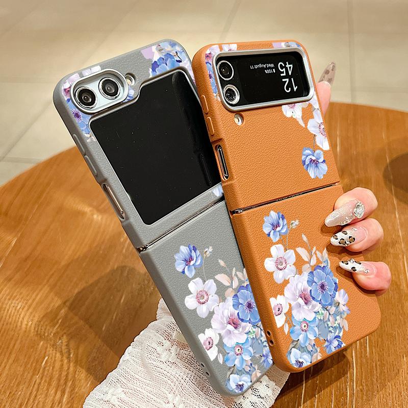 Leather Texture TPU Case For Magsafe For Samsung Galaxy Z Flip 6 5 4 3 5G Flip6 Flip5 Flip4 Blue Flower Patterned Folding Cover
