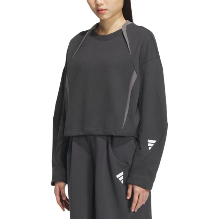 adidas Fustl W Crew Croială Largă Gât Rotund Modă Versatilă Mânecă Lungă Hanorac Scurt Femei Hanorac Negru-Cărbune JM4275