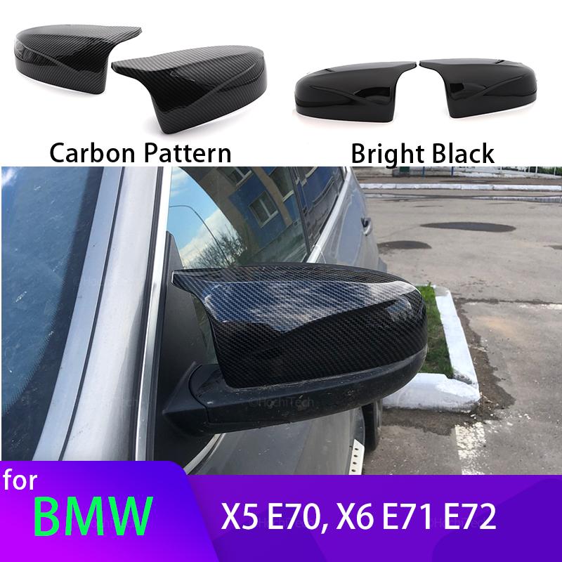 for BMW X5 E70 X6 E71 2008-2013 accessories 2pcs Carbon Fiber Look Glossy Black Rearview Side Mirror cover Caps Horn Shape