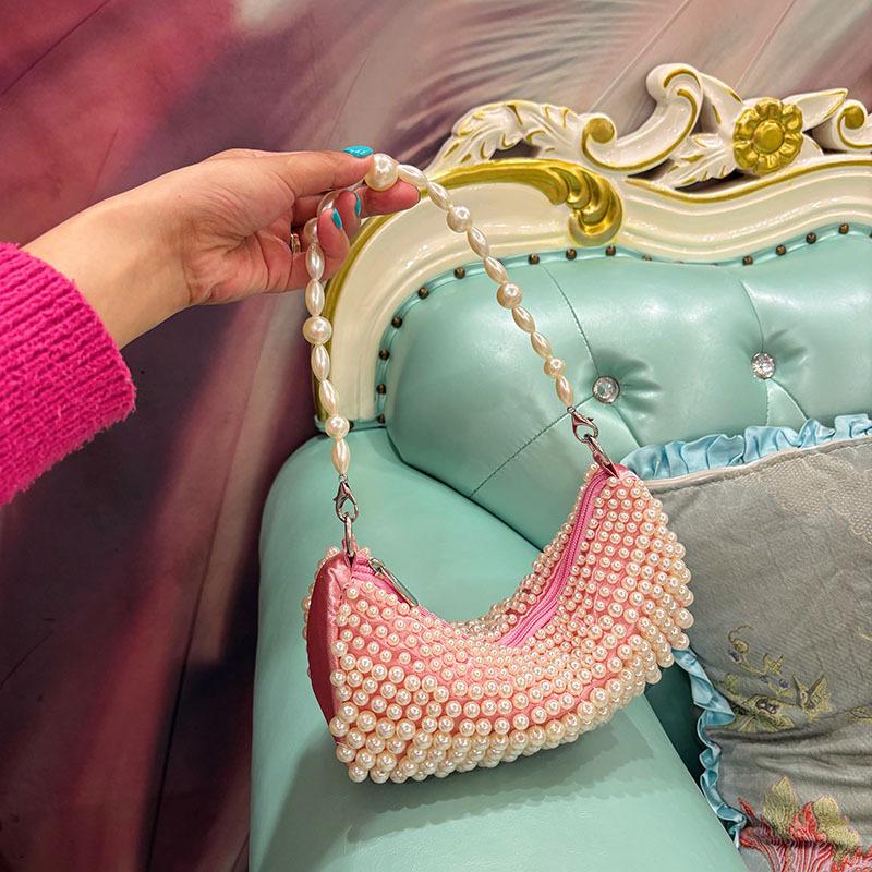 Women's Bag Pearl Handmade Woven Semi-circular Ladies Handbag High-end Party Banquet Bags