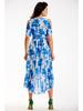 Asymmetrical midi dress with wrap neckline and short sleeves - blue flowers XL