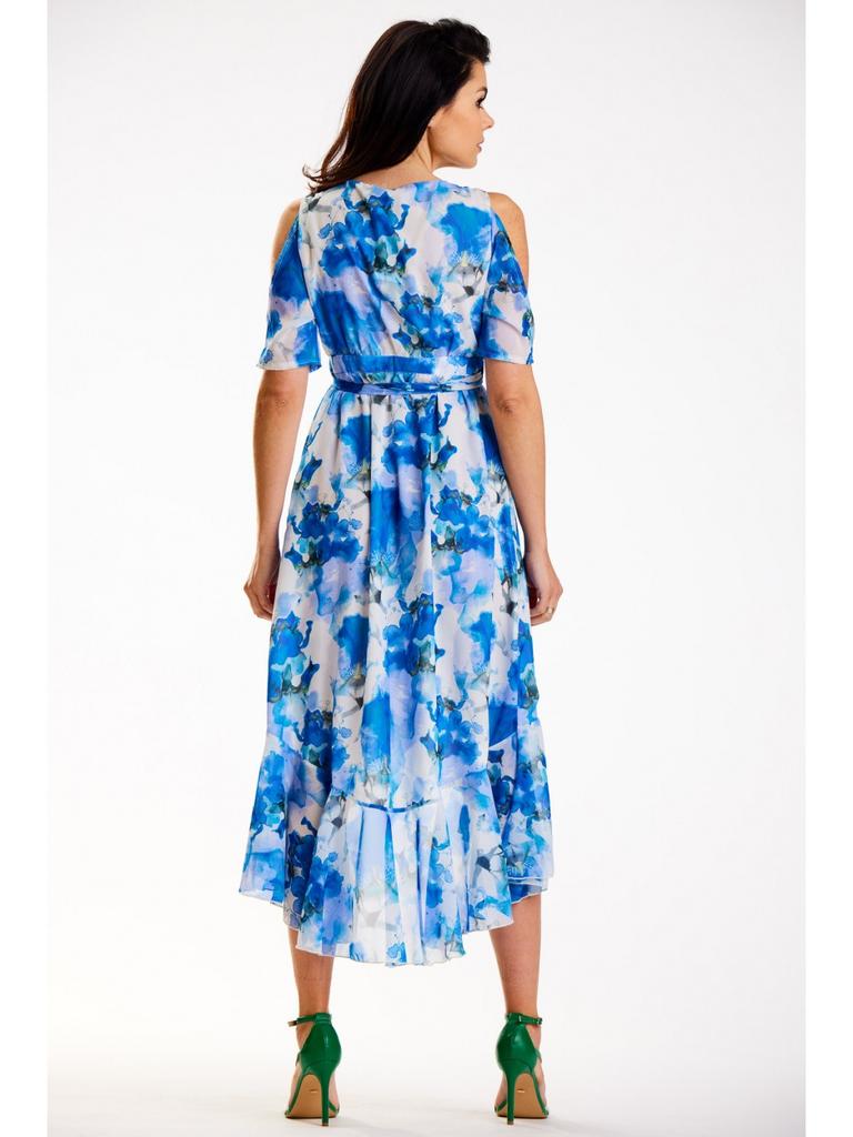Asymmetrical midi dress with wrap neckline and short sleeves - blue flowers XL