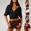 Women Tops Puff Sleeves V Neck Slim Fit Pleated Waist Pullover Tops Pure Color Summer Short Tops Daily Wear