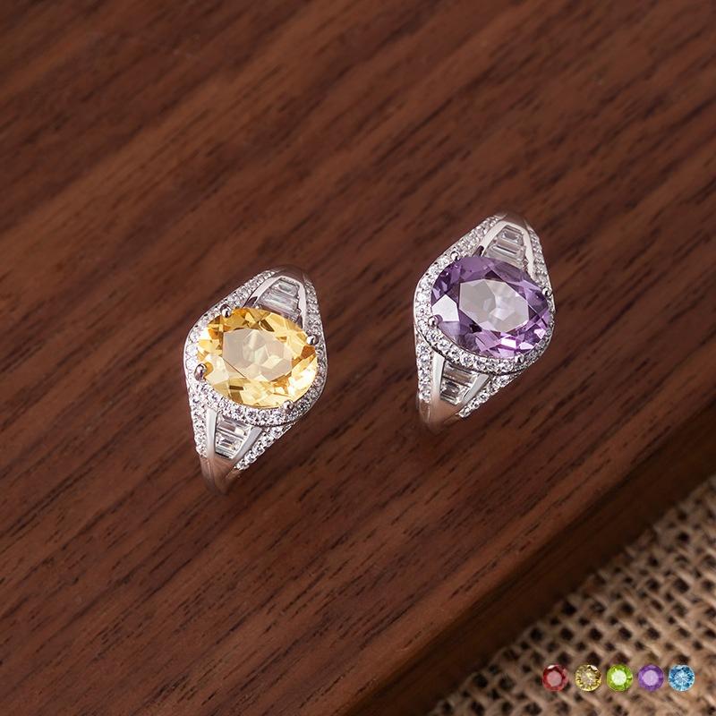 S925 Sterling Silver Ring Women's Inlaid 8 * 10mm Natural Crystal Stone Topaz High Sense Ring Elegant Ladies Jewelry