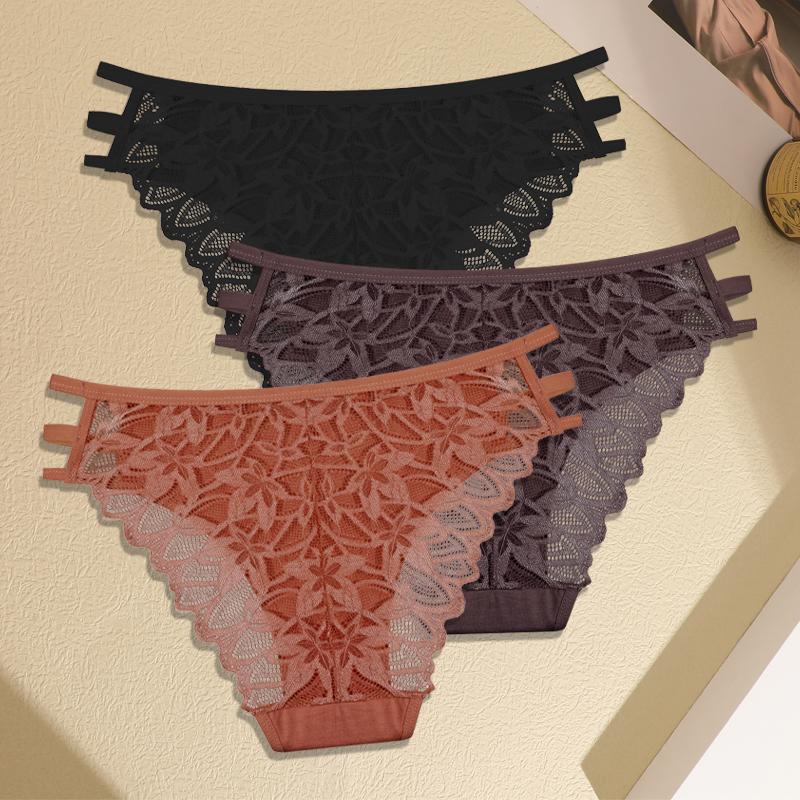 3Pcs Women's Three Belts Underwear Sexy Lace Hollow Out Panties Female Low-Waist Breathable Briefs Stretch Soft Lingerie