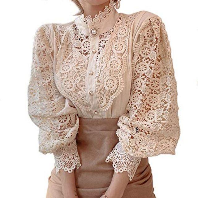 Damen Stehkragen Spitze Patchwork Blusen Lässig Ausgehöhlt Blütenblattärmel Knopfw Oberteile Weiße Blusen für Damen