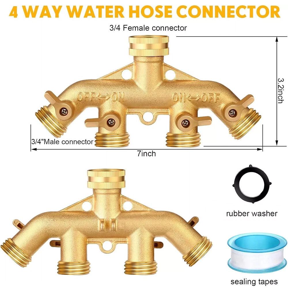 4Way Heavy Duty Brass Garden Hose Splitter Coupling Adapter Efficient Water Control Irrigation Watering Tap Tool Accessories