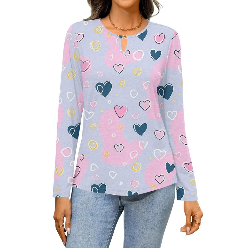 Women's Casual Round Neck Hollow,out Pullover Long Sleeve Valentine's Day Heart Print T,shirt Top