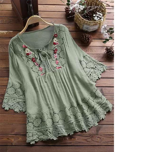 

Summer Cotton Linen Stitching Lace Blouse Women V-neck Loose White Shirt Woman Hollow Out Vintage Flare Sleeve Tops XS зелений