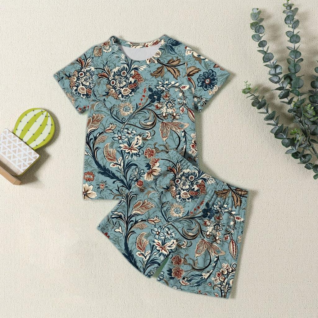 Jungen Mädchen Mode Lässig Rundhals Kurzarm T-Shirt Shorts Vintage Bedrucktes Set