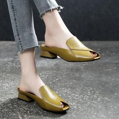 Lederslipper Damen Sommer Neue Mode Peep-Toe Damenschuhe Outdoor Klobiger Absatz Pantoletten Slipper Lässige Damen Sandalen Flip Flops
