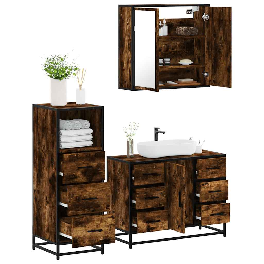 3 Piece Bathroom Furniture Set Smoked Oak Wood Based Material