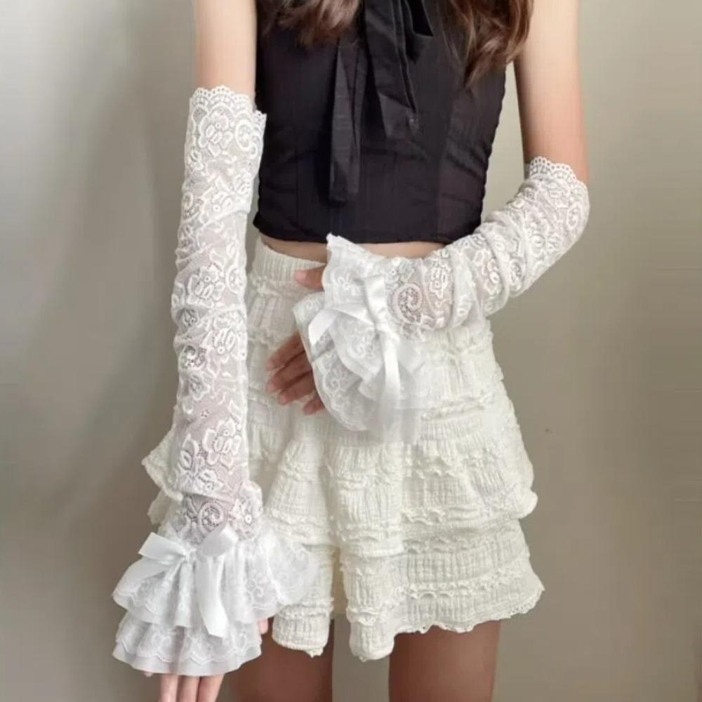 Lace Bowknot Bridal Wrist Gloves Y2K Long Gloves Graceful Womens Sleeve