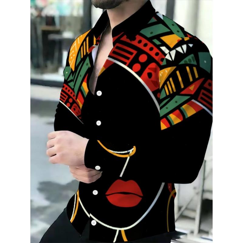 Men's Ethnic Diamond Totem Printed Long Sleeved Shirt, Slim Fit Lapel Shirt, Holiday Street Casual Men's Top