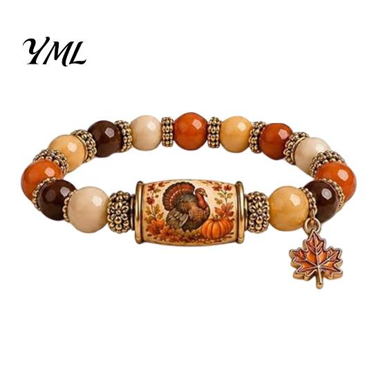 Commemorative Daily Wear Jewelry Thanksgiving Bracelet for Women, Holiday Beaded with Turkey Bucket Bead Maple Leaf Charm, Elastic Stretch Fall