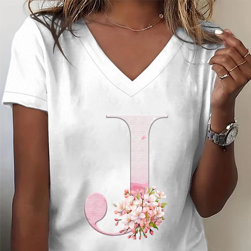 Pink Sakura 26 Alphabet Fashion Casual Tops Unisex Cherry Blossom Lover Vneck Short Sleeve Tshirt Letter R Floral Gift Clothing