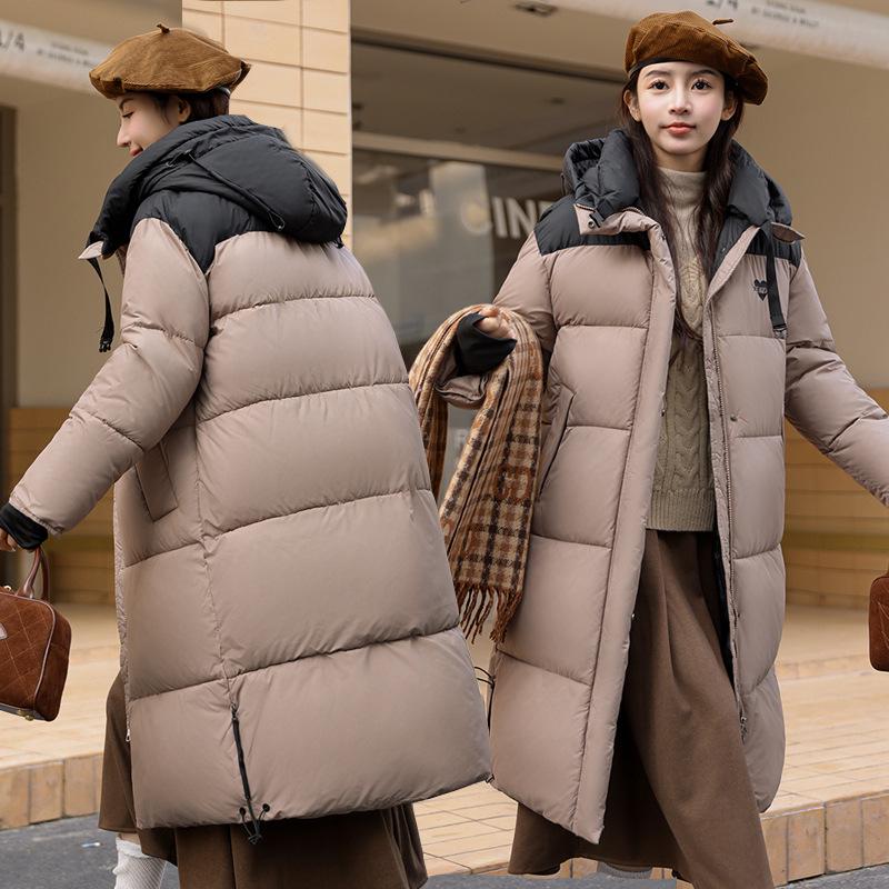 Damen Daunenmantel im koreanischen Stil mit Farbblockdesign und Kapuze - Mittellang, Überknie, Locker, Dick, Kältefest Winteroberbekleidung