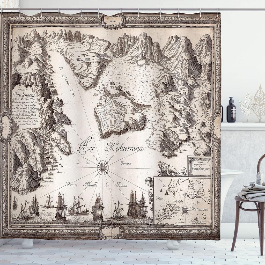 Maritieme Eilandkaart Douchegordijnen, Vintage Oude Kaart Piratenschip Decor Polyester Oceaan Oude Piraten Schatkaart Douchegordijn