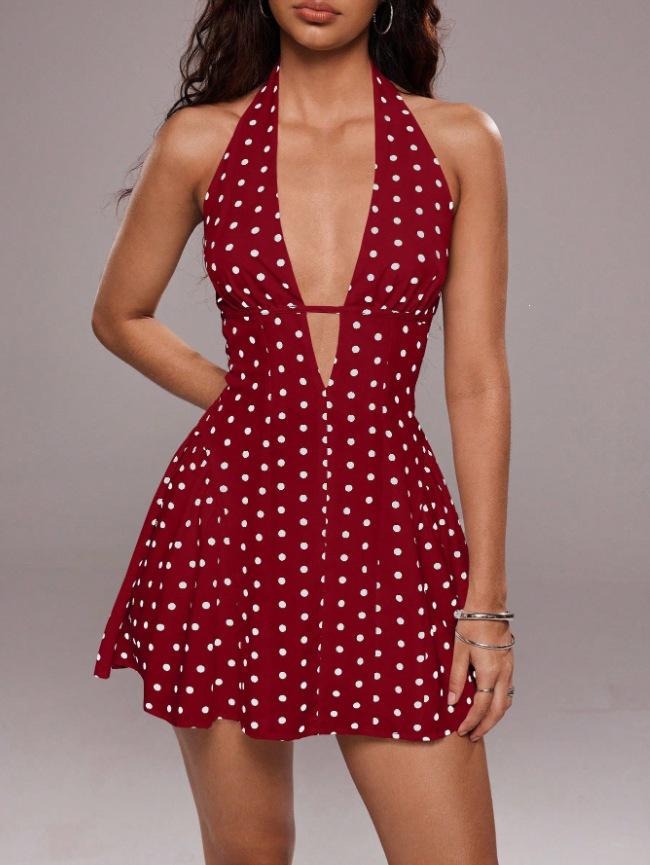 2026 Cross-border Sleeveless Halter Deep V Polka Dot Open Back A-line Mini Dress for Women