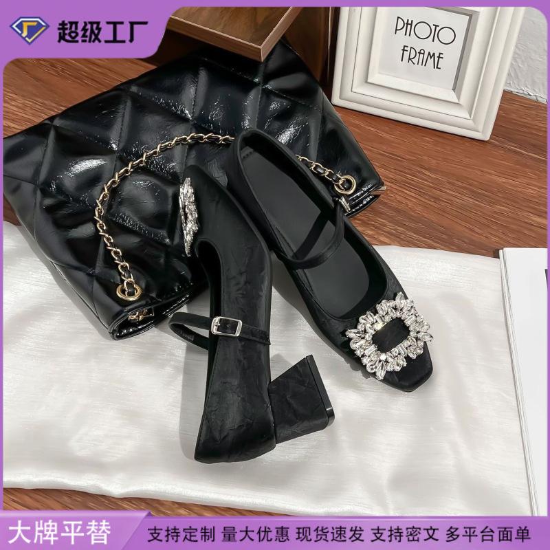 Grape Mother Spring New Mary Jane Shoes Women's Rhinestone Square Buckle Shallow Mouth Single Shoes Women's 2025 Light Luxury High Heels Women