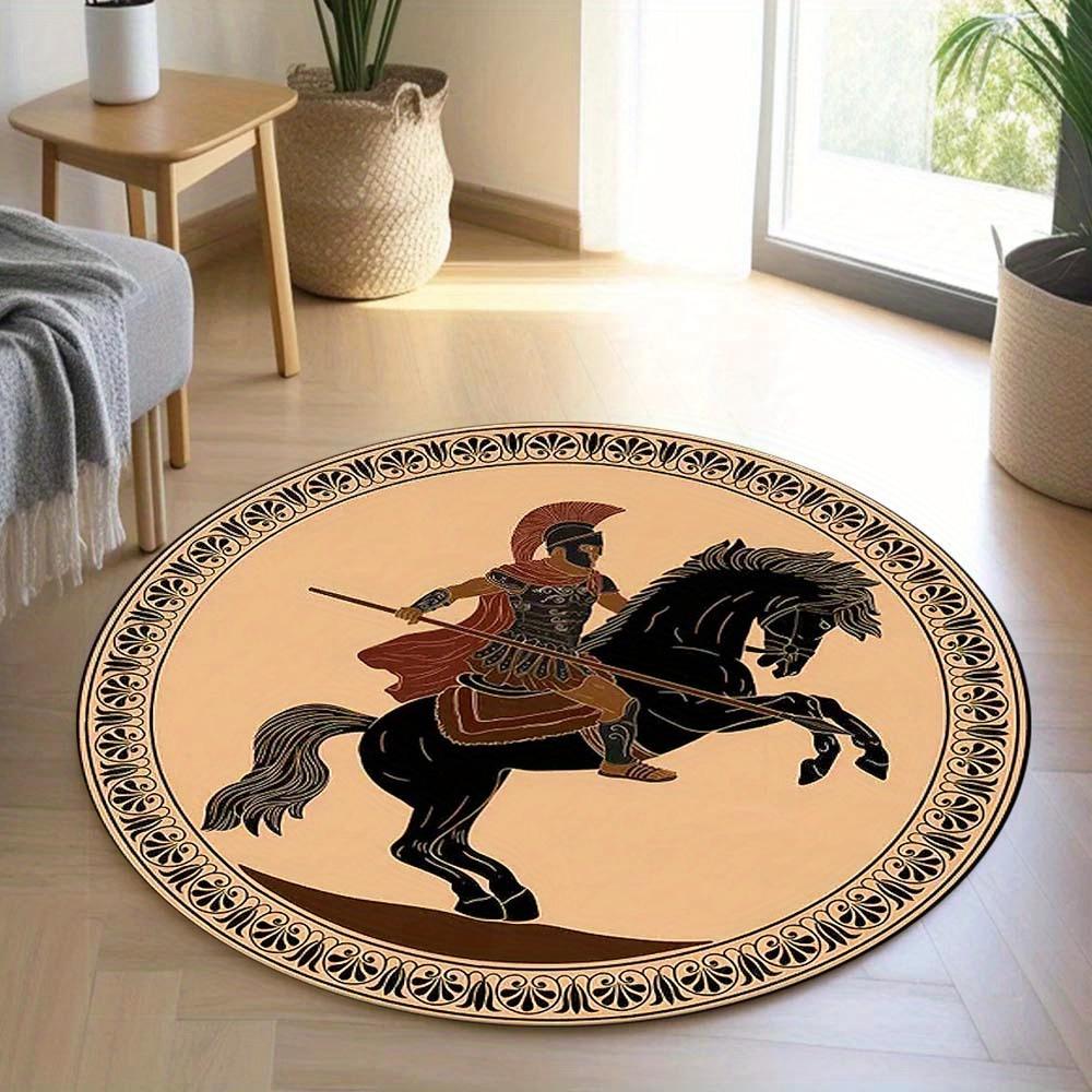 1 Piece Ancient Greek Warrior Round Rug Suitable For Living Room Bedroom And Kitchen Home Decoration Room Decoration Gift For Friends And Family