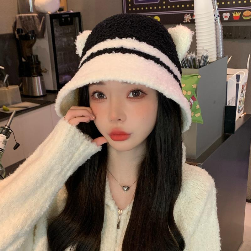 Hat Female Cute Bear Two-color Splicing Bucket Hat Winter Warm Show Washbasin Hat Thick