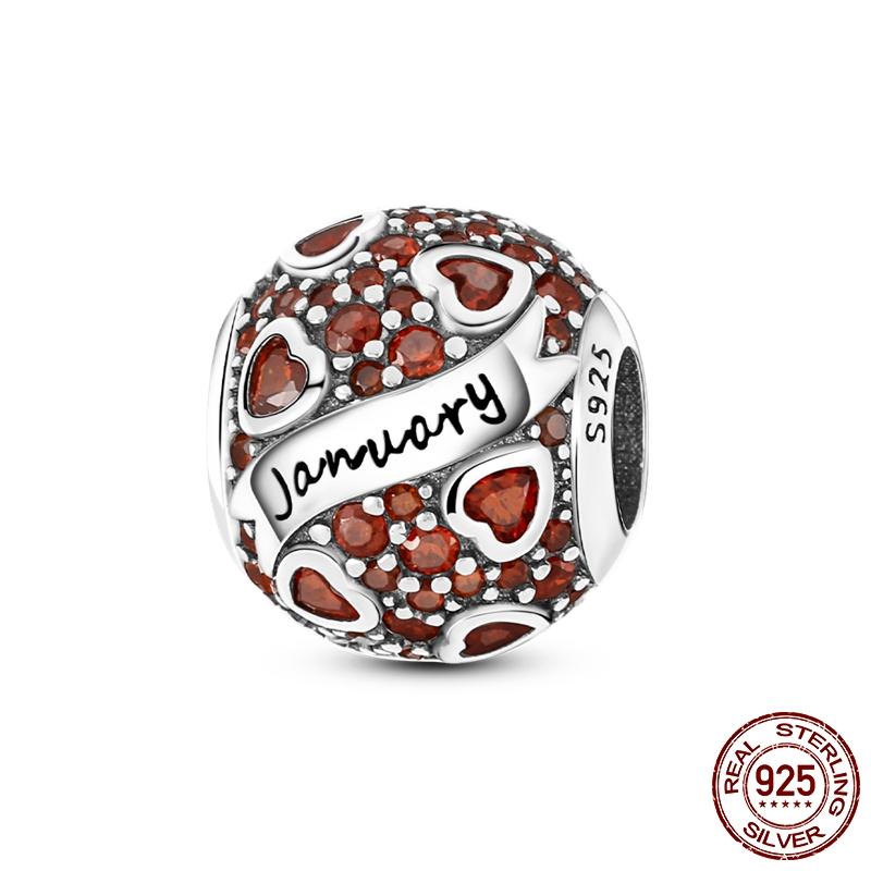 Round Birthstone Charm Bead 925 Silver Fit Original Pan Bracelet DIY October August March April July January