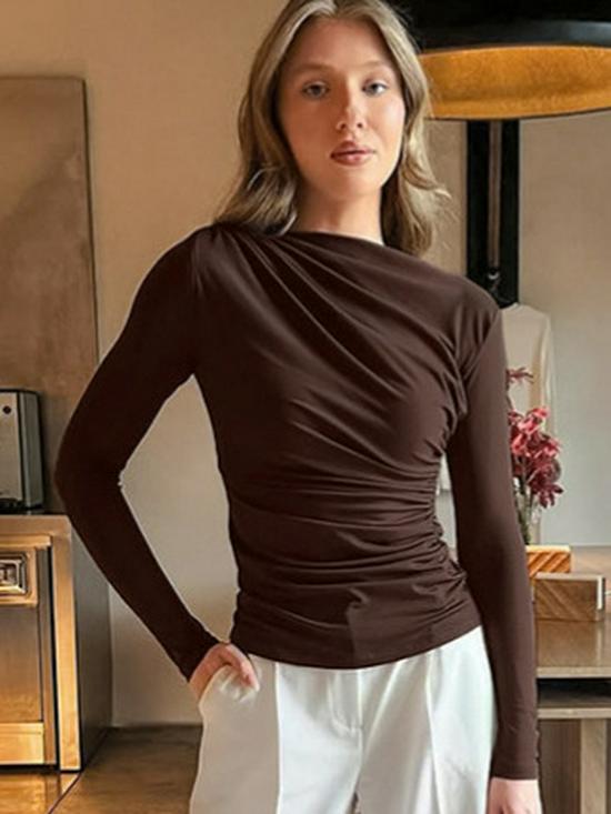 2025 Autumn European & American Slimming Ruched Long-Sleeve Shirt for Women