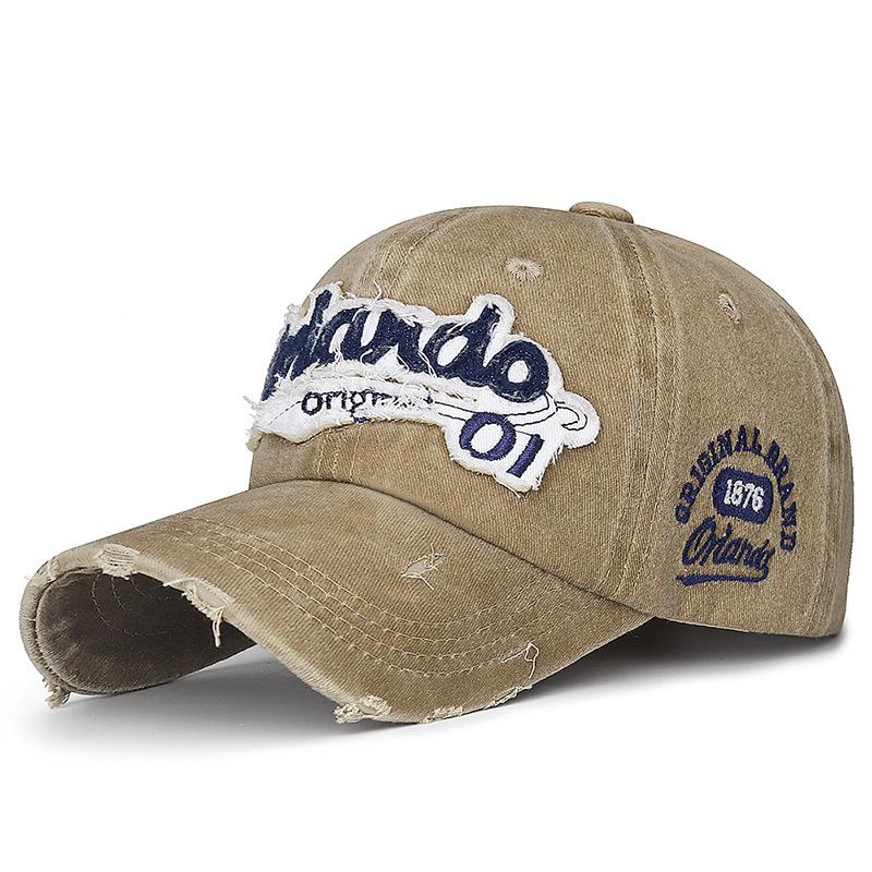 Fashionable Distressed English Embroidered Baseball Hat with Perforated Patch and Curved Brim