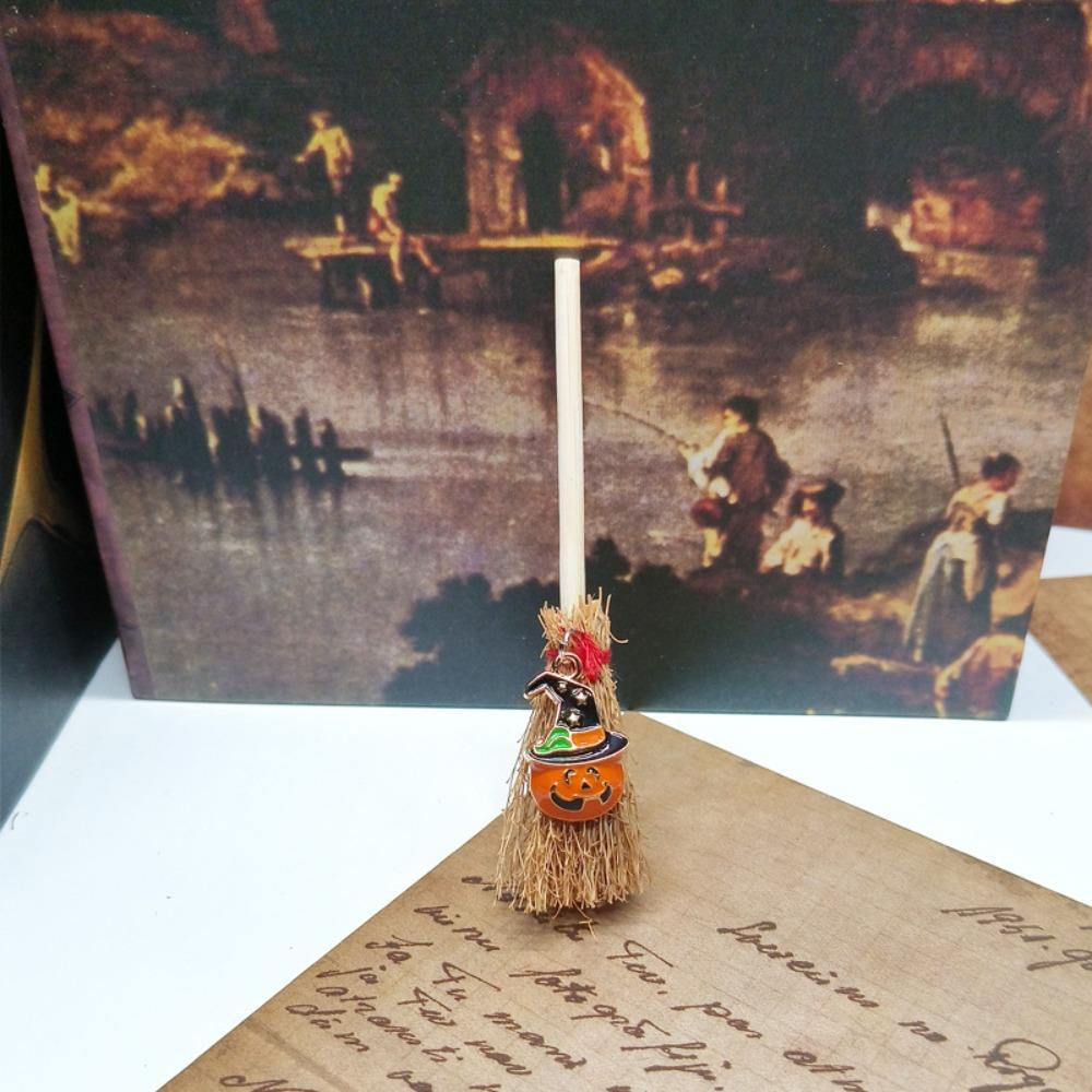 Spider Ghost Halloween Broom Wooden Red Rope Broom Mini Broom Pendant  Halloween Festival