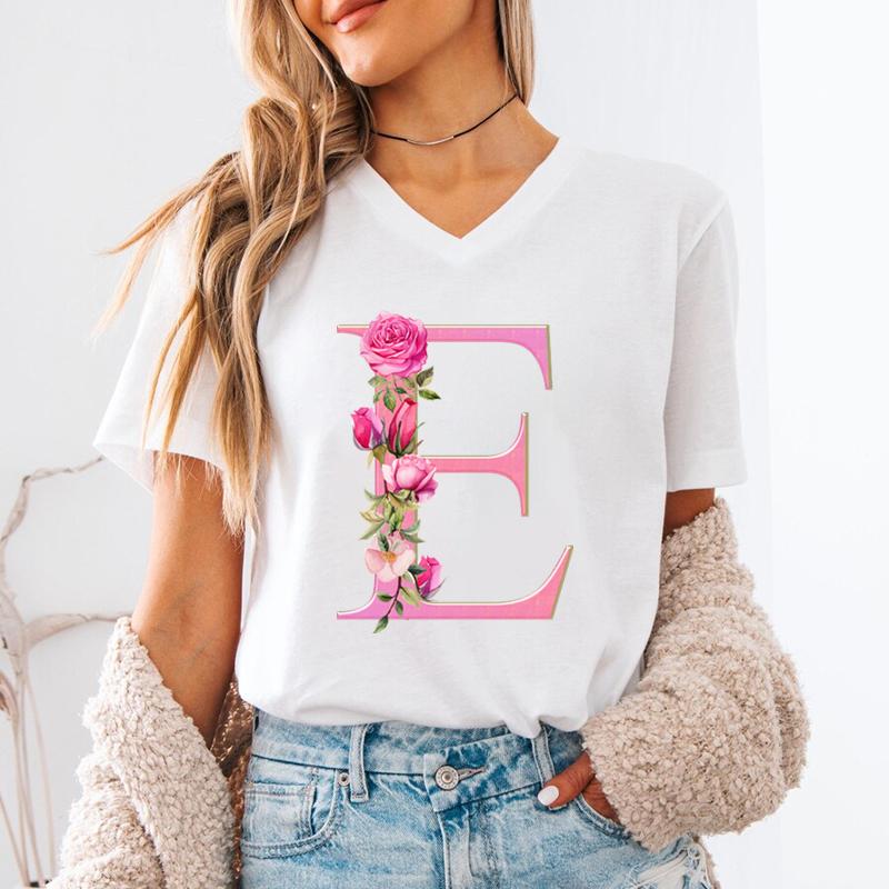 Floral Initials Unisexs Vneck Tshirt Az 26 Alphabet Fashion Casual Tops Pink Flower Short Sleeve Tee Letter S Floral Gift Top
